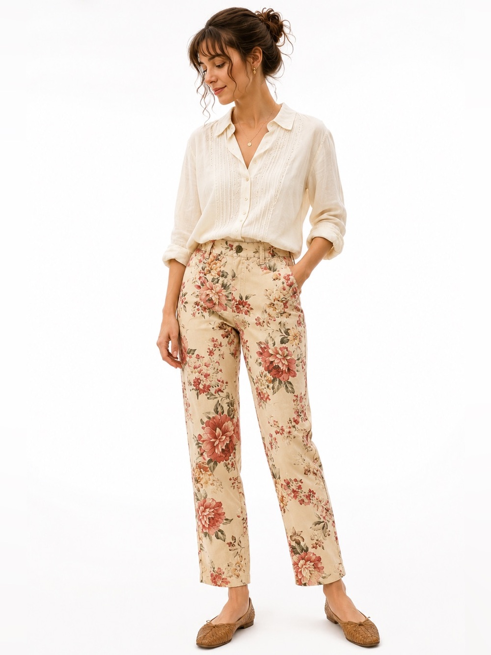 Talbots Petites 2 Floral Rose Print Cotton Twill Pants Cottagecore Romantic
